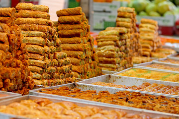 Honey Baklava made in the form of a pyramid, the sweetness 
