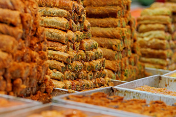 Honey Baklava made in the form of a pyramid, the sweetness 