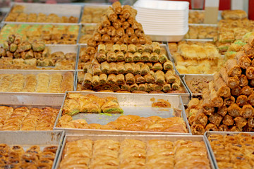 Honey Baklava made in the form of a pyramid, the sweetness table