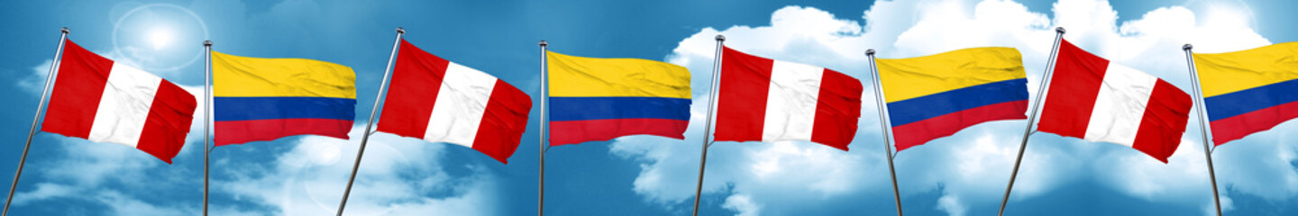 Peru flag with Colombia flag, 3D rendering