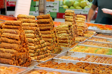 Honey Baklava made in the form of a pyramid, the sweetness 