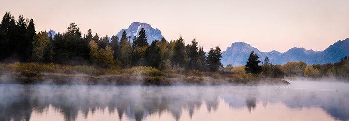 Oxbow Bend with Mt. Moran on a foggy morning