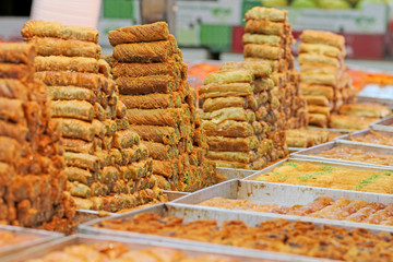 Honey Baklava made in the form of a pyramid, the sweetness table