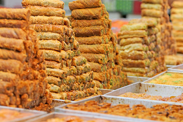 Honey Baklava made in the form of a pyramid, the sweetness 