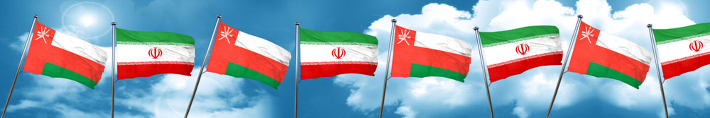 Oman flag with Iran flag, 3D rendering