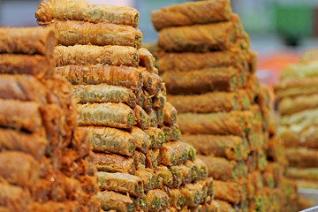 Honey Baklava made in the form of a pyramid, the sweetness 