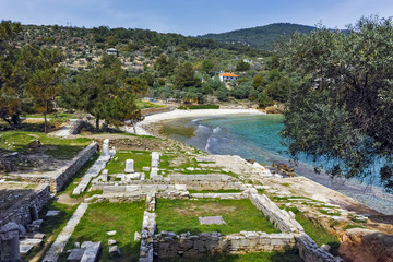 Fototapeta na wymiar Amazing view of Ruins in Archaeological site of Aliki, Thassos island, East Macedonia and Thrace, Greece