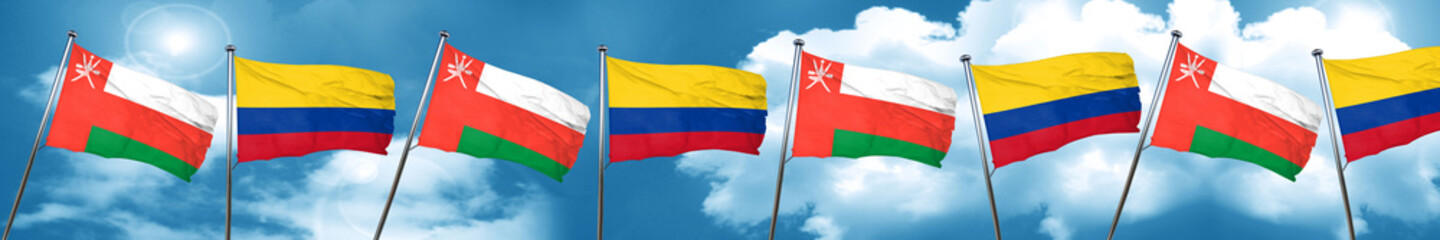 Oman flag with Colombia flag, 3D rendering
