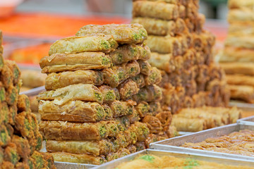 Honey Baklava made in the form of a pyramid, the sweetness 