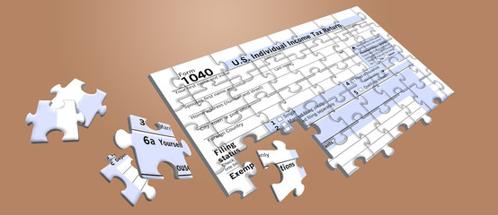 Federal individual income tax return 1040 has been turned into a puzzle to represent the annual task of preparing a return.