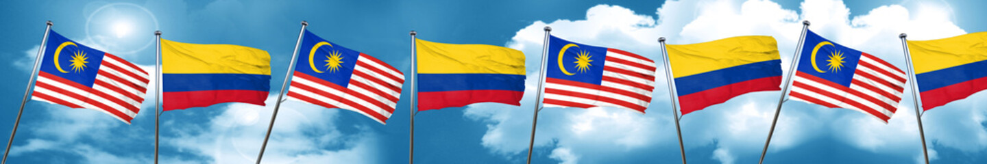 Malaysia flag with Colombia flag, 3D rendering