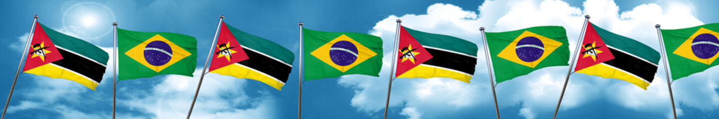 Mozambique flag with Brazil flag, 3D rendering