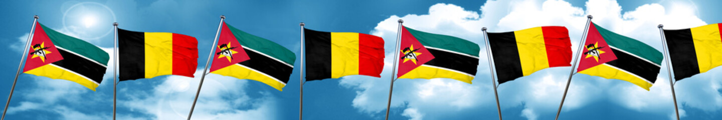 Mozambique flag with Belgium flag, 3D rendering