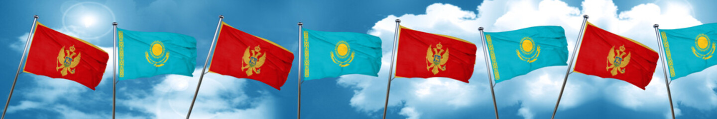 Montenegro flag with Kazakhstan flag, 3D rendering