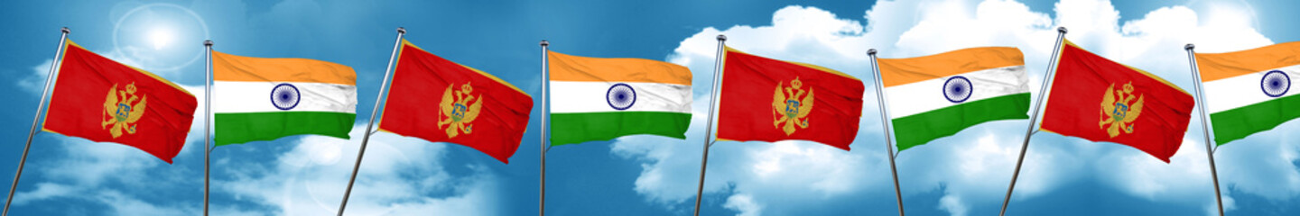 Montenegro flag with India flag, 3D rendering
