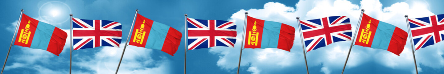Mongolia flag with Great Britain flag, 3D rendering