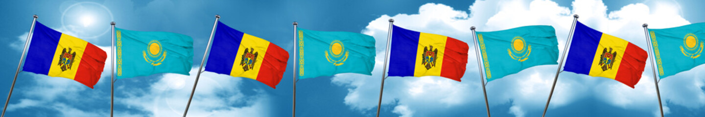 Moldova flag with Kazakhstan flag, 3D rendering