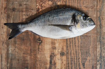 Raw uncooked dorado on wooden table