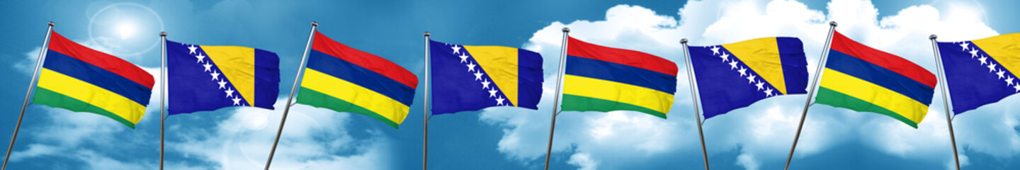 Mauritius flag with Bosnia and Herzegovina flag, 3D rendering