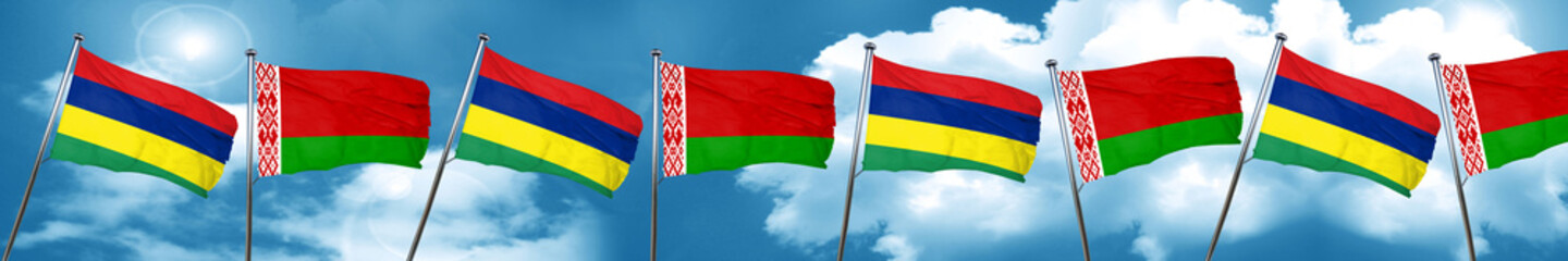 Mauritius flag with Belarus flag, 3D rendering