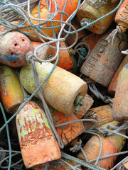 Crab traps, pots and floats, stacked on wharf,Newport,Oregon Coast