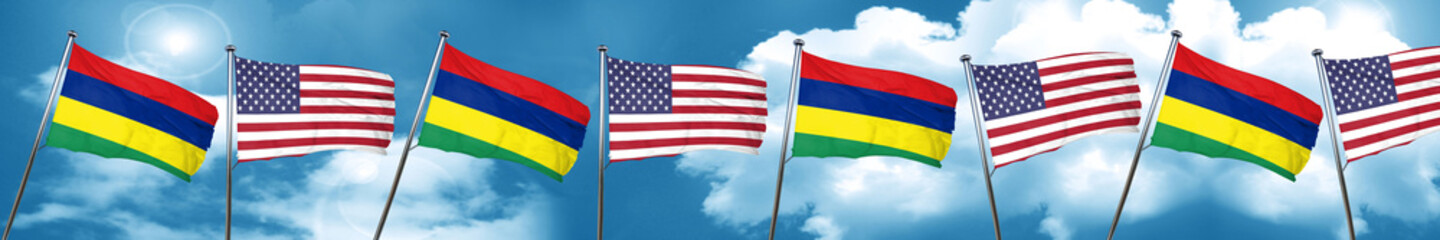 Mauritius flag with American flag, 3D rendering