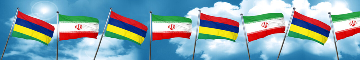 Mauritius flag with Iran flag, 3D rendering
