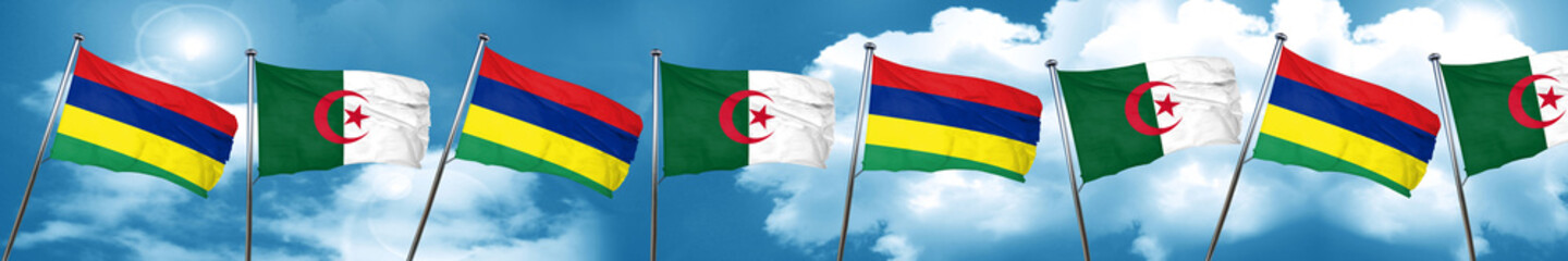 Mauritius flag with Algeria flag, 3D rendering