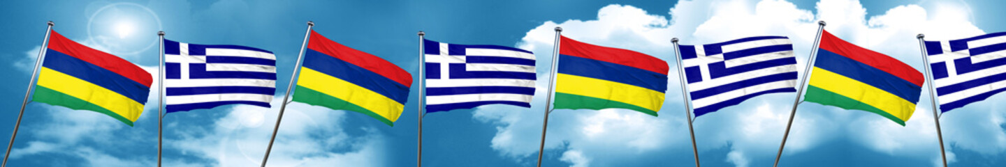 Fototapeta na wymiar Mauritius flag with Greece flag, 3D rendering