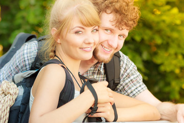 Portrait of two people tourists hiking.