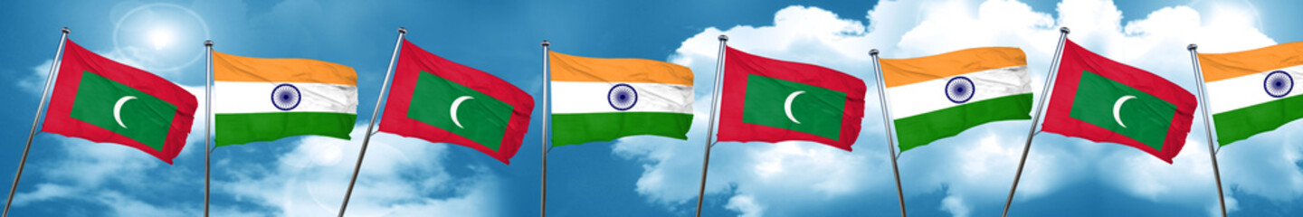 Maldives flag with India flag, 3D rendering