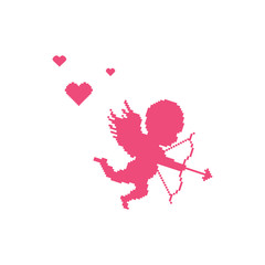 Flying pixel art Cupid, valentine day