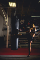 Girl kick boxer kicking a bag