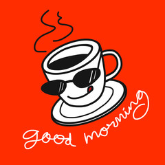 Good morning coffee cartoon illustration on orange background