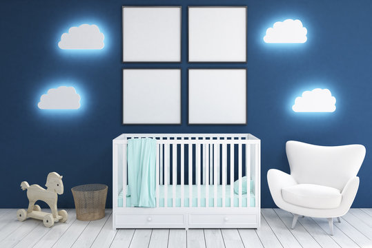Kid’s room with armchair and posters, blue