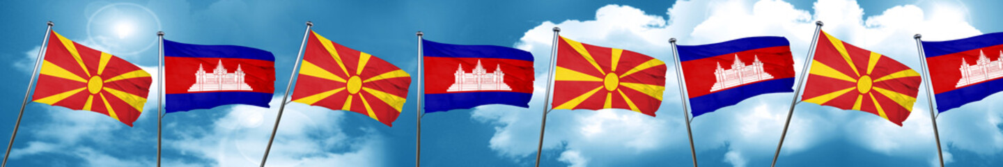 Macedonia flag with Cambodia flag, 3D rendering