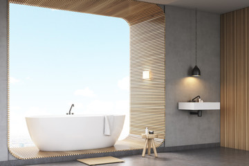 Side view of bathroom with wood