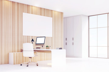 Obraz na płótnie Canvas Corner of CEO office with window, computer, toned