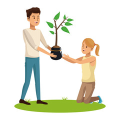 man and girl pot tree nature planting vector illustration eps 10