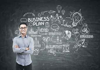 Asian man and business plan on blackboard