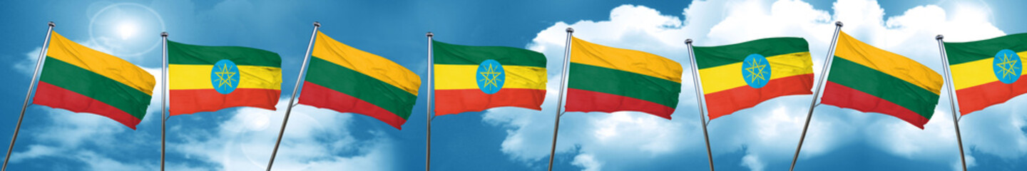 Lithuania flag with Ethiopia flag, 3D rendering