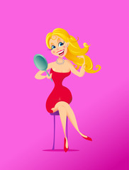 Cute blonde girl in red dress with mirror. Vector illustration in cartoon style.