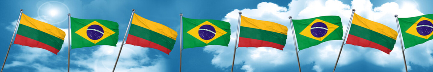 Lithuania flag with Brazil flag, 3D rendering
