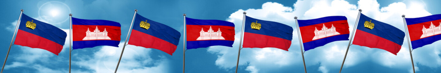 Liechtenstein flag with Cambodia flag, 3D rendering