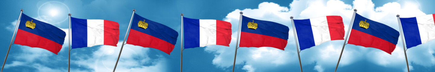 Liechtenstein flag with France flag, 3D rendering