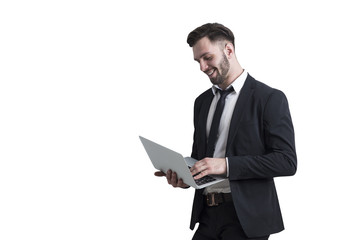 Bearded man holding a laptop, isolated