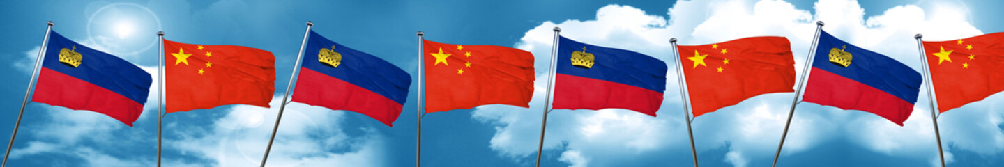 Liechtenstein flag with China flag, 3D rendering