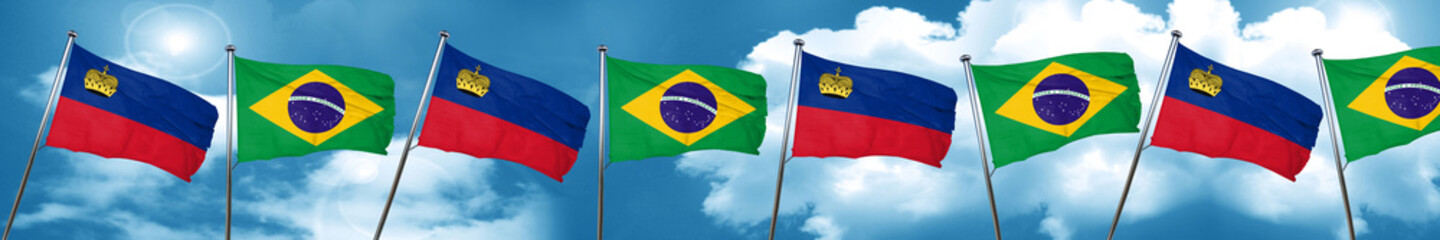 Liechtenstein flag with Brazil flag, 3D rendering