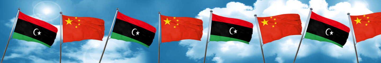 Libya flag with China flag, 3D rendering