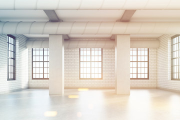 Empty loft room with columns, toned